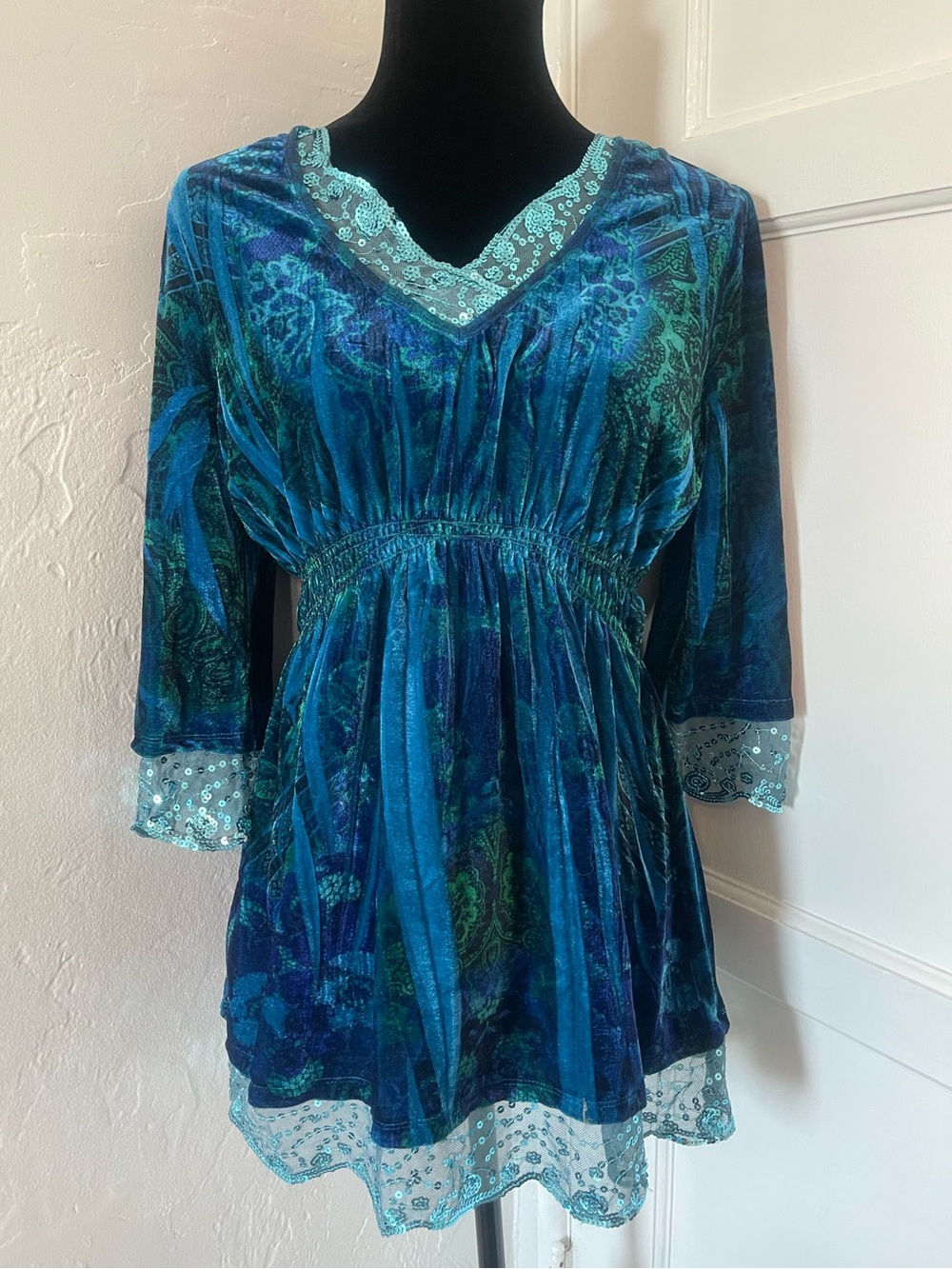 Fairycore One World live and let live teal sequined velour blouse